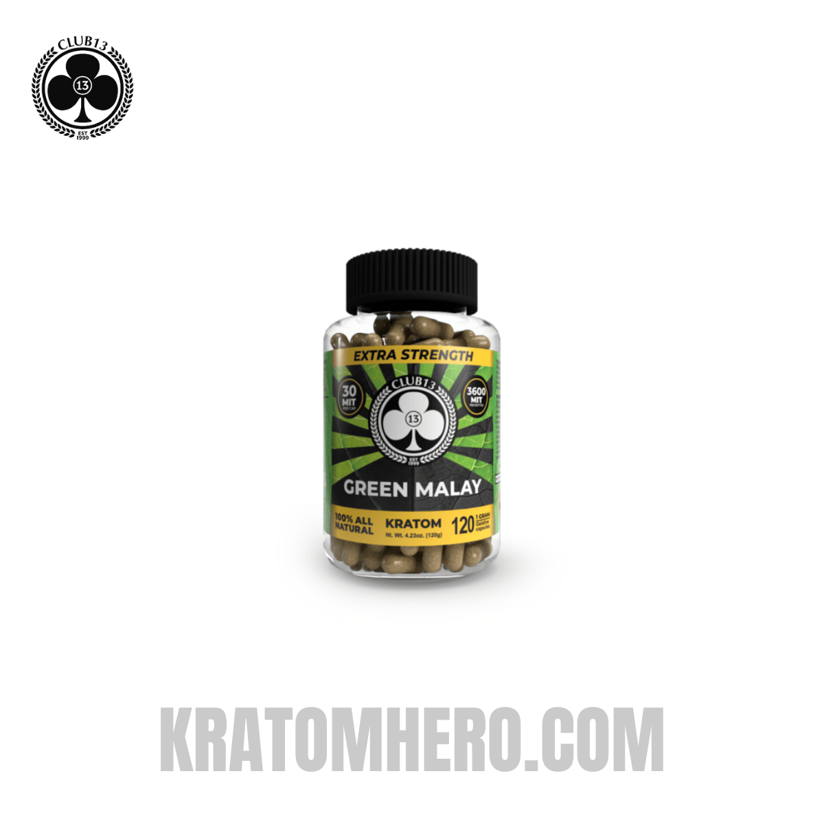 Club 13 Extra Strength Green Malay Kratom Capsules - 120 Capsules