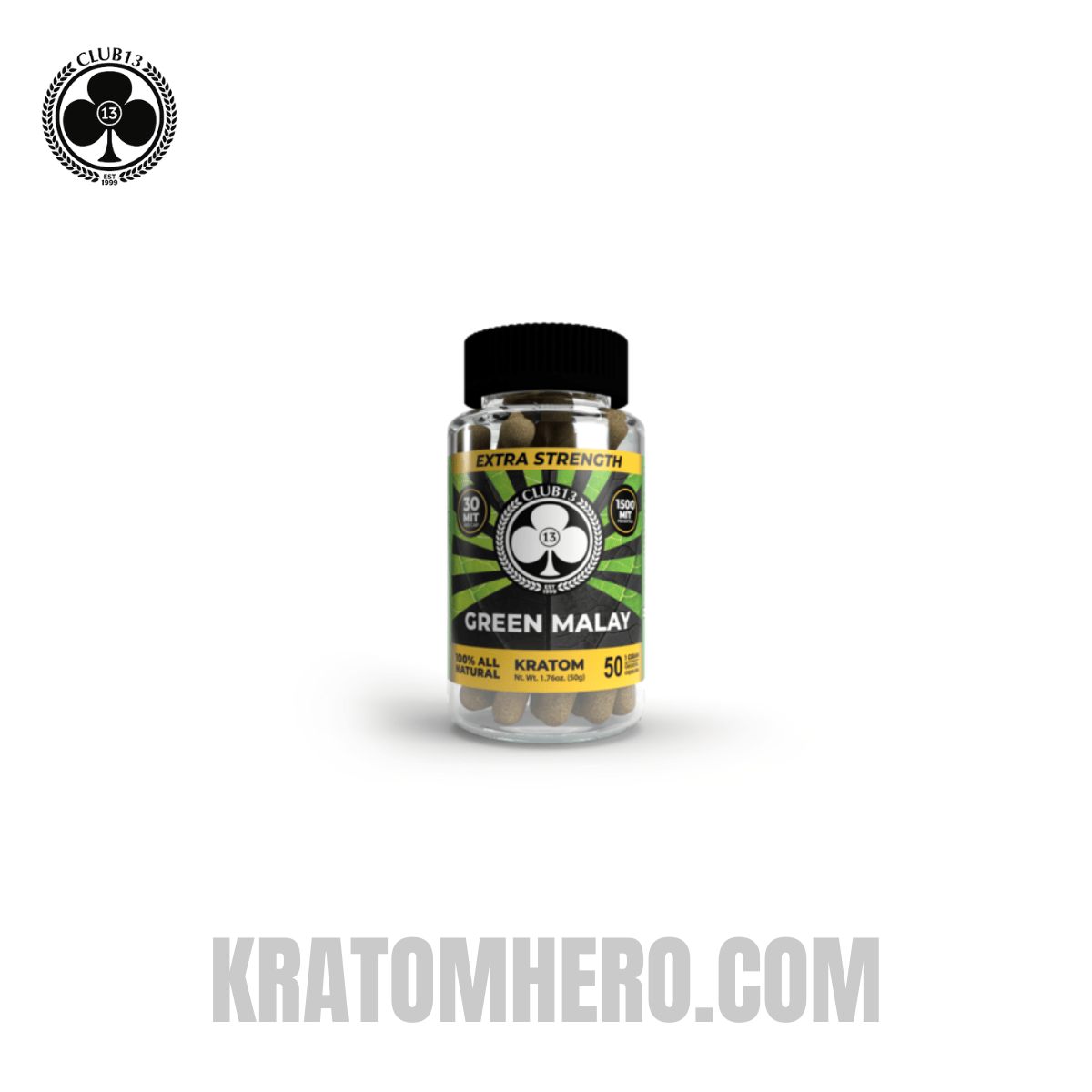 Club 13 Extra Strength Green Malay Kratom Capsules - 50 Capsules