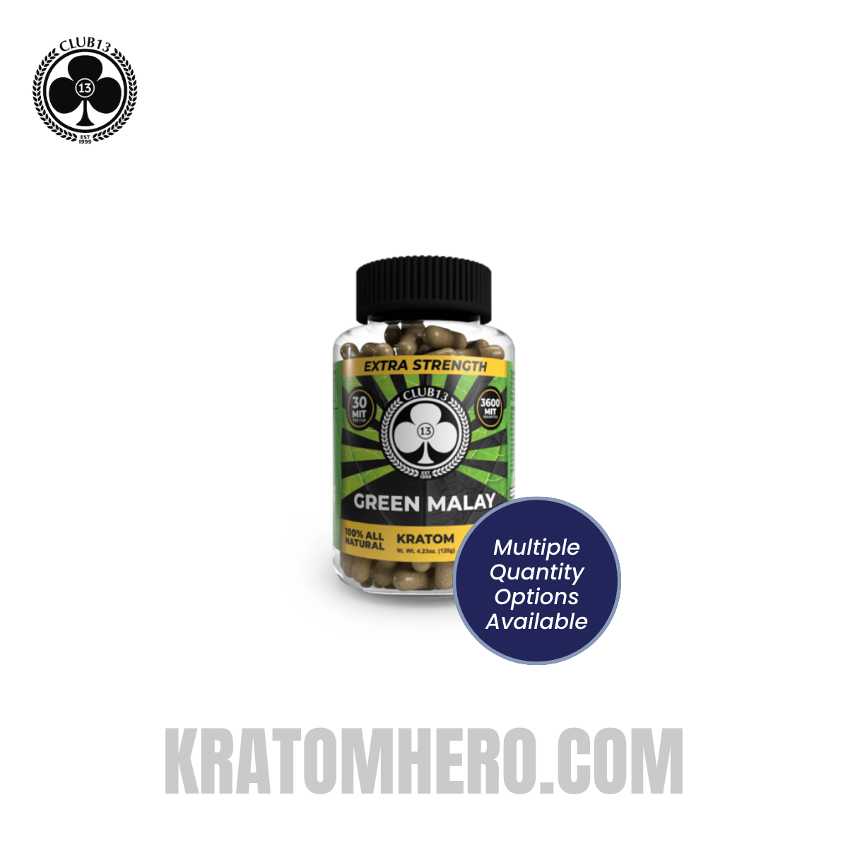 Club 13 Extra Strength Green Malay Kratom Capsules - Multiple Quantity Options
