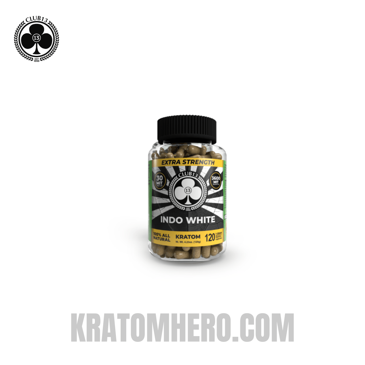 Club 13 Extra Strength Indo White Kratom Capsules - 120 Capsules