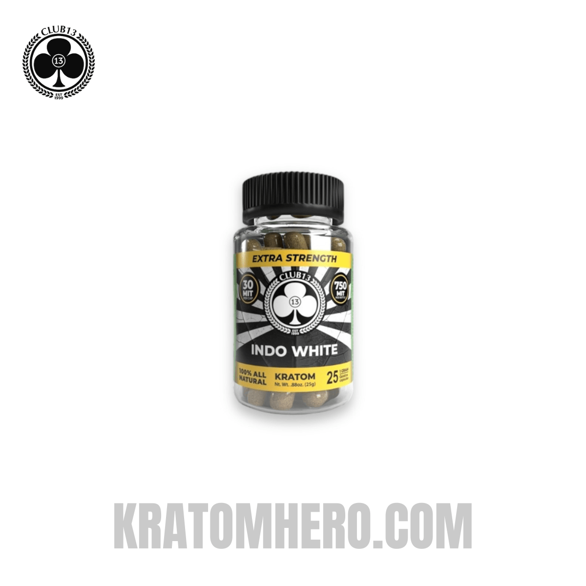 Club 13 Extra Strength Indo White Kratom Capsules - 25 Capsules