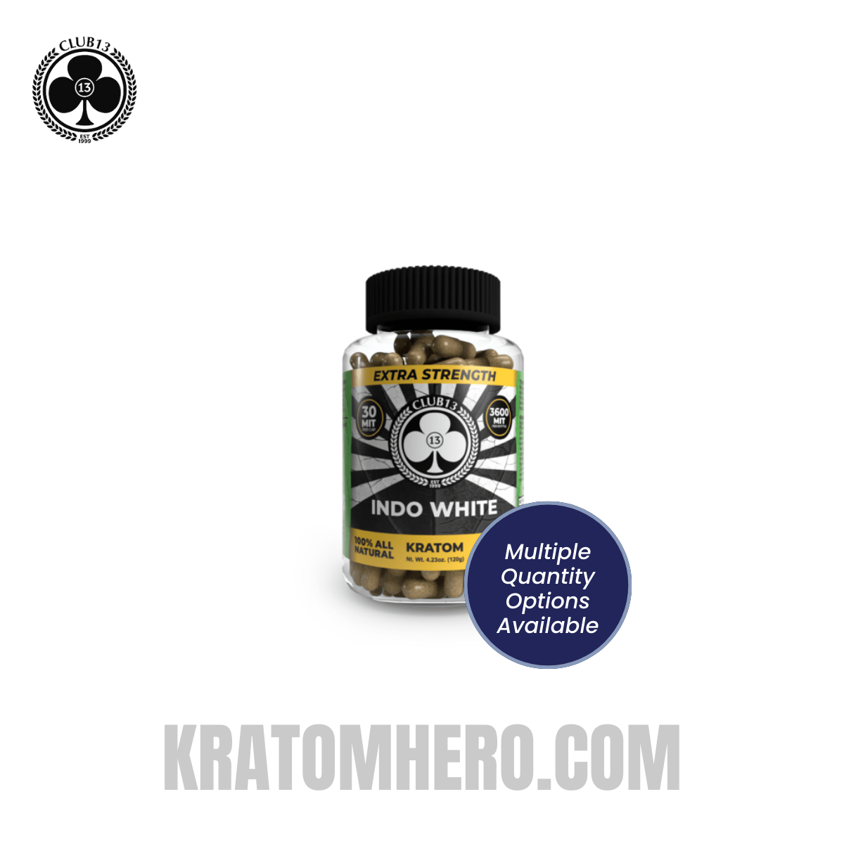 Club 13 Extra Strength Indo White Kratom Capsules - Multiple Quantity Options