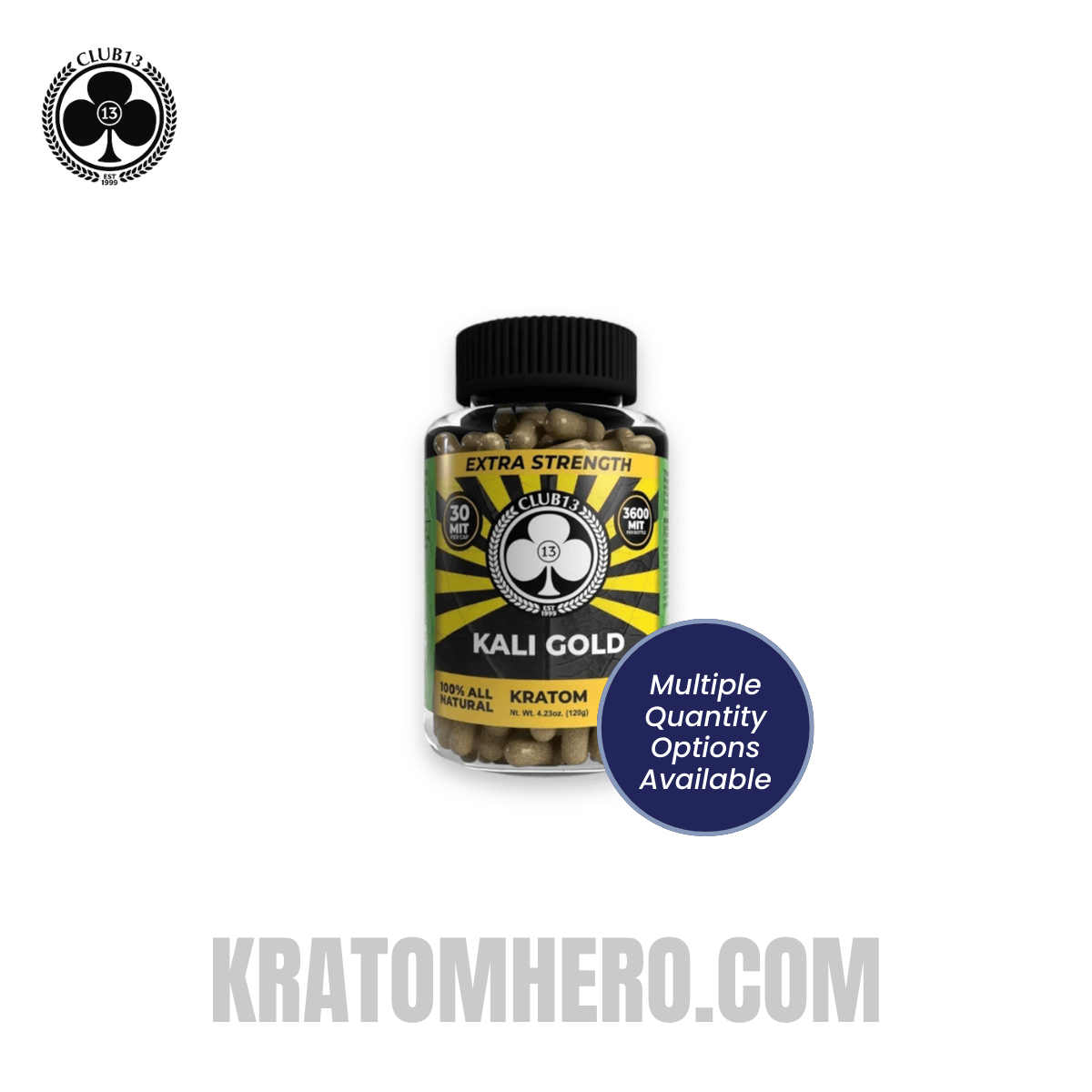 Club 13 Extra Strength Kali Gold Kratom Capsules - Multiple Quantity Options