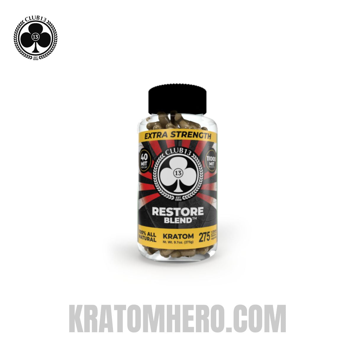 Club 13 Restore Extra Strength Kratom Capsules - 275 Capsules