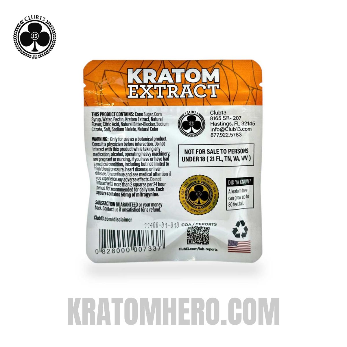 Club 13 Tropical Extract Kratom Gummies - 4Ct Back Side View