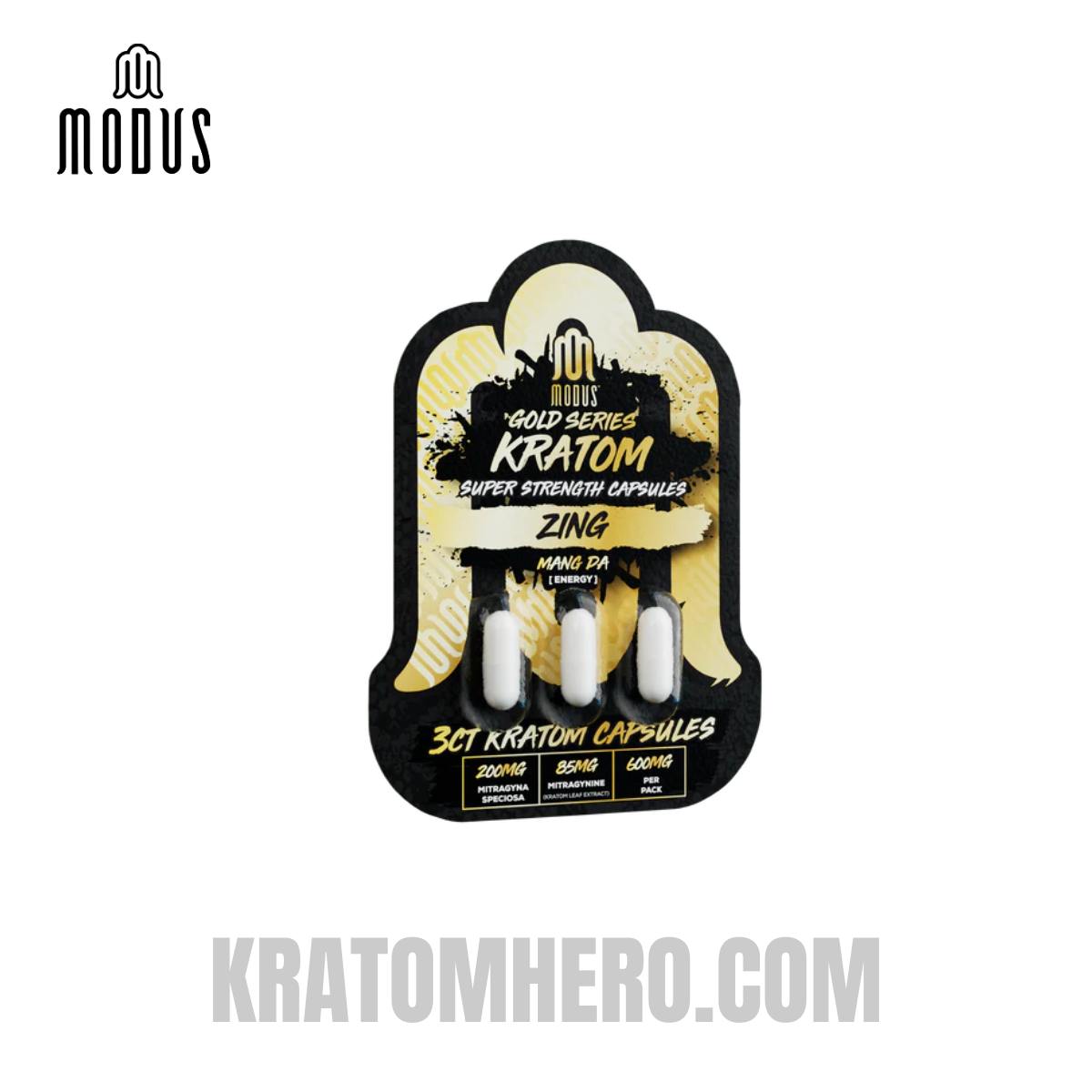 Modus Kratom Capsules Gold Series Super Strength Zing Maeng Da Energy - 3ct