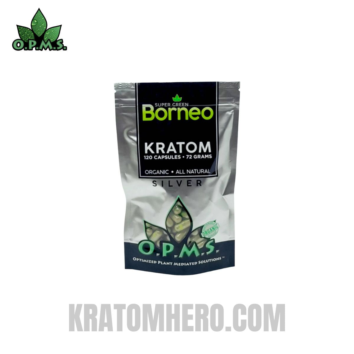 OPMS Silver Super Green Borneo Kratom Capsules - 120 Capsules