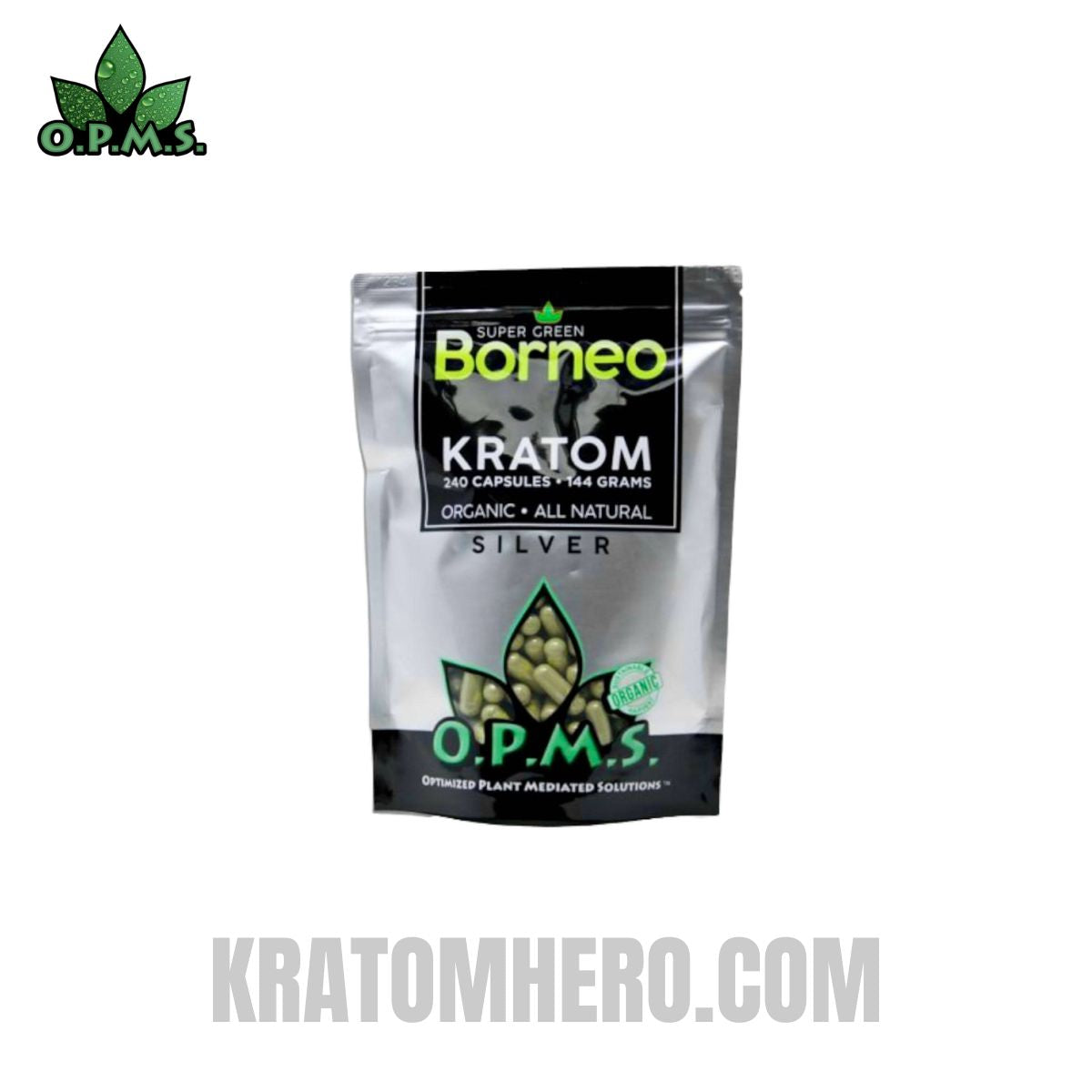 OPMS Silver Super Green Borneo Kratom Capsules - 240 Capsules