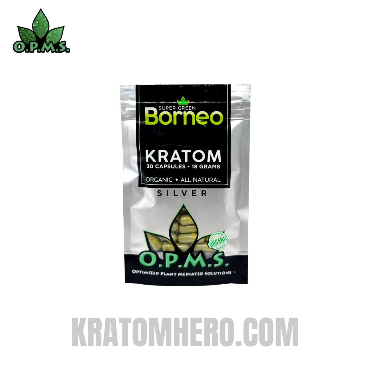 OPMS Silver Super Green Borneo Kratom Capsules - 30 Capsules