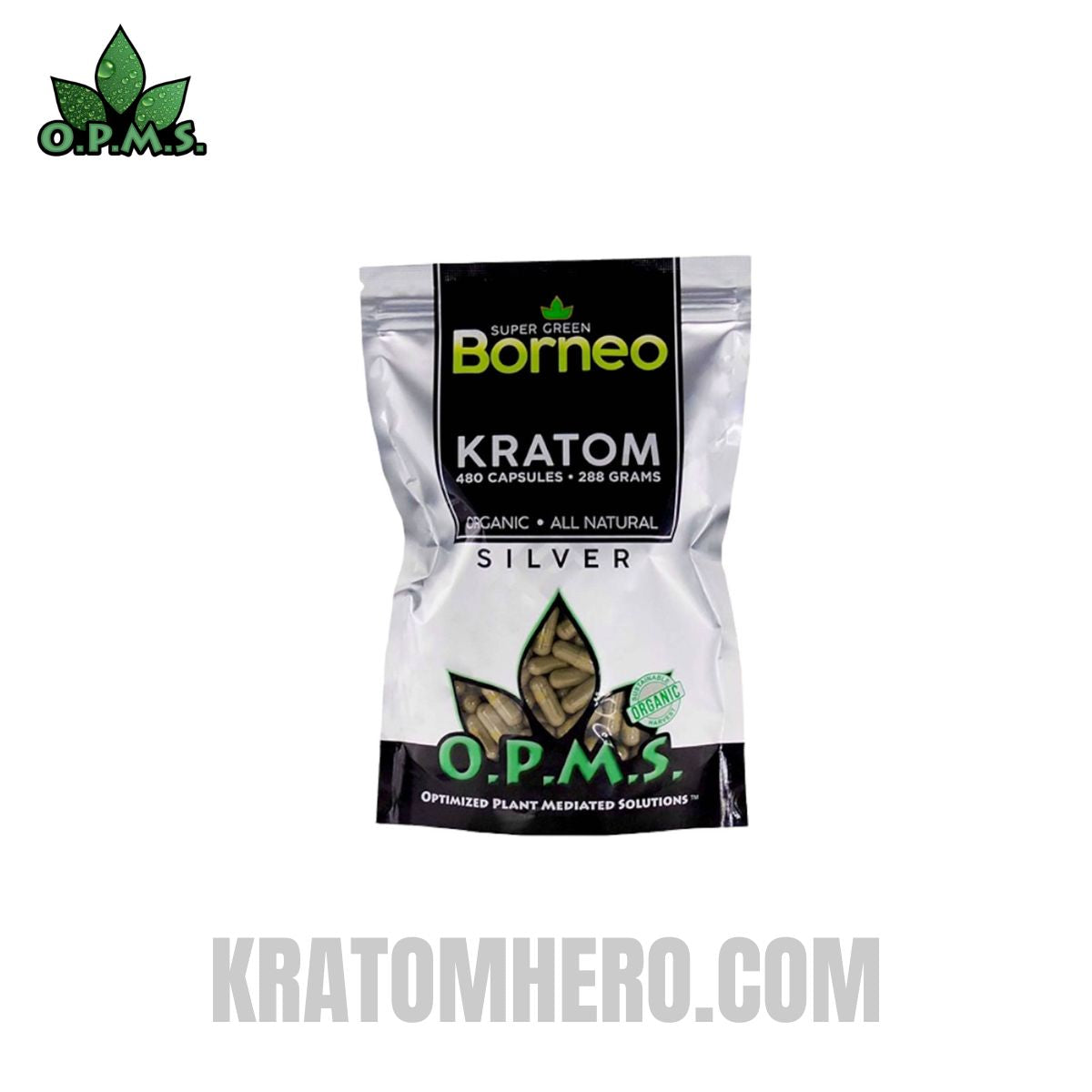 OPMS Silver Super Green Borneo Kratom Capsules - 480 Capsules