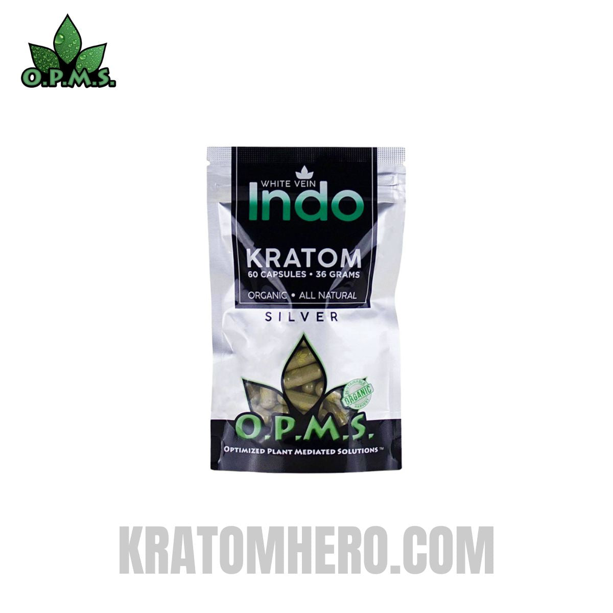 OPMS Silver White Vein Indo Kratom Capsules - 60 Capsules